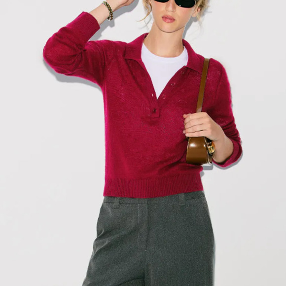 Naadam Cranberry Polo Sweater SMALL Wool Cashmere Cropped Soft Designer $300 - Picture 3 of 12